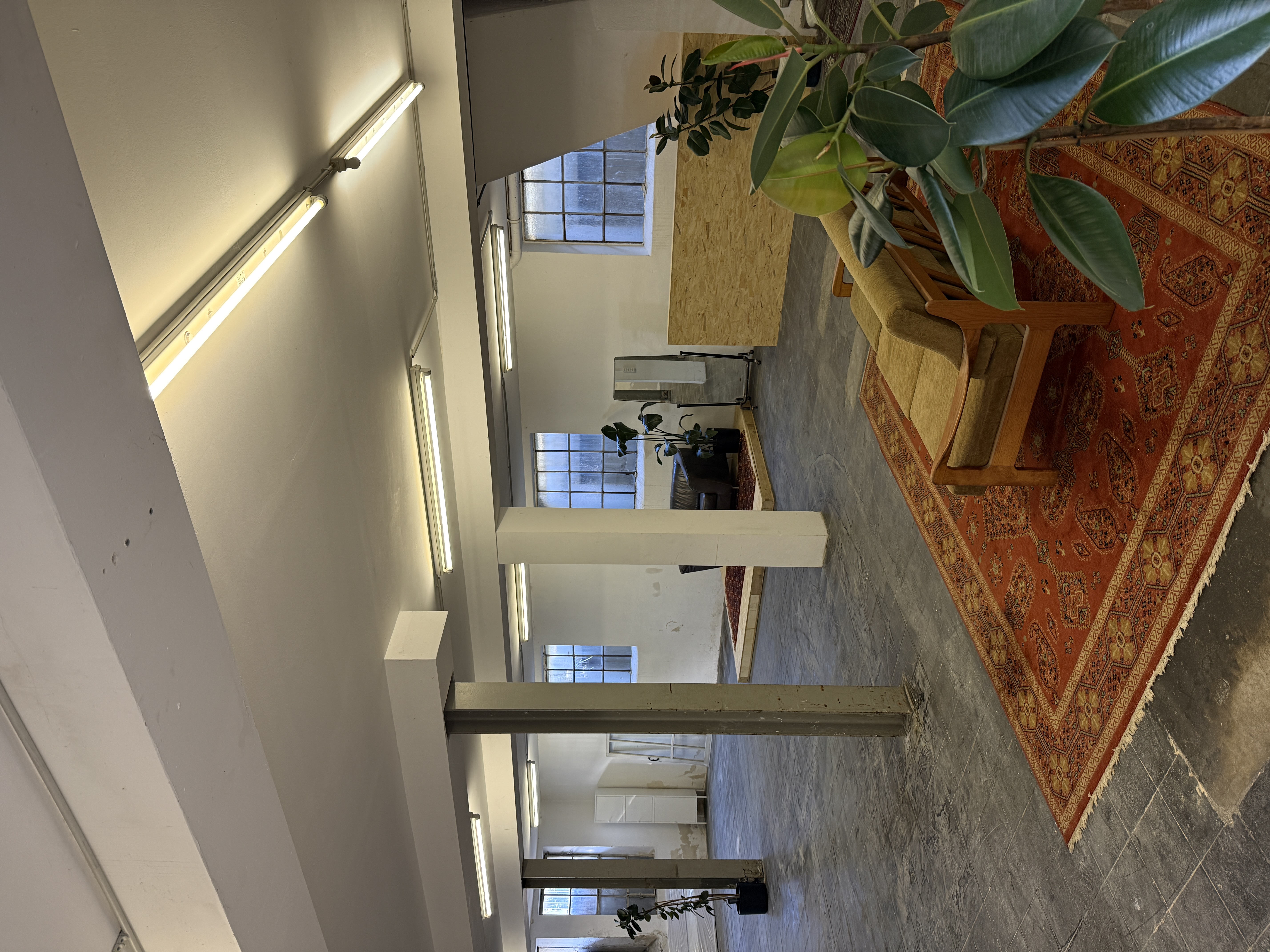 Das Loft: offene Halle mit Säulen, geschliffenem Boden, Lichtschächten, Teppichen und Pflanzen